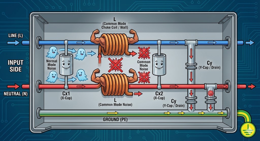ノイズフィルタの内部構造図解。入力側のXコンデンサ、中央のコモンモードチョークコイル（関所）、出力側のYコンデンサ（排水路）が配置され、ノイズを除去する仕組みをイラスト化している。