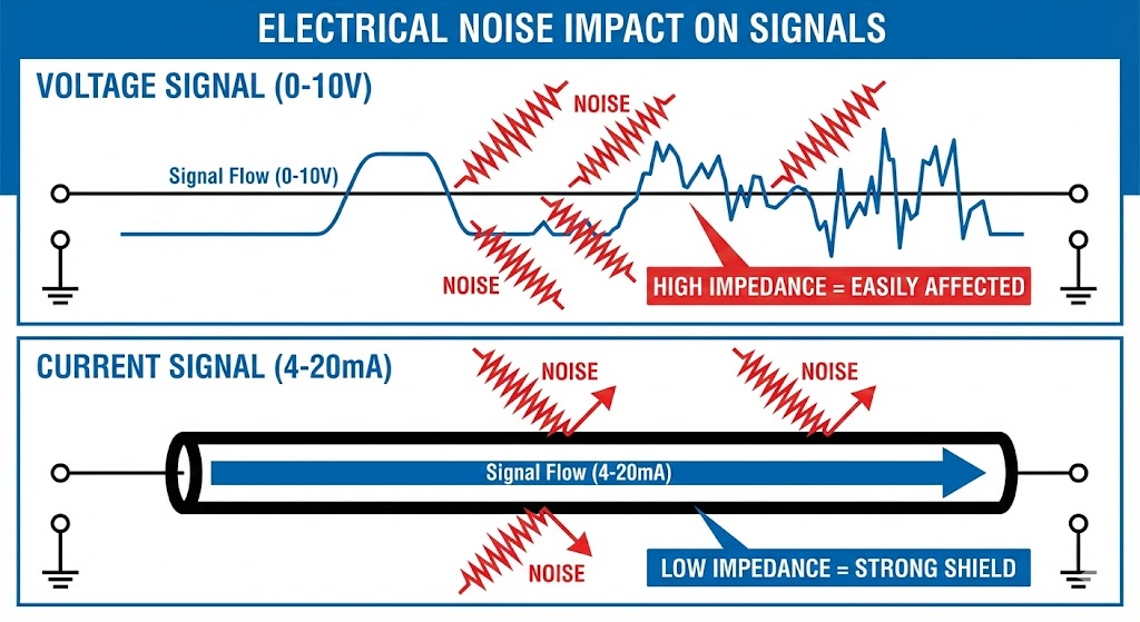 電圧信号が高インピーダンスでノイズの影響を受け波形が乱れるのに対し、電流信号は低インピーダンスでノイズを弾き返すイメージ図。