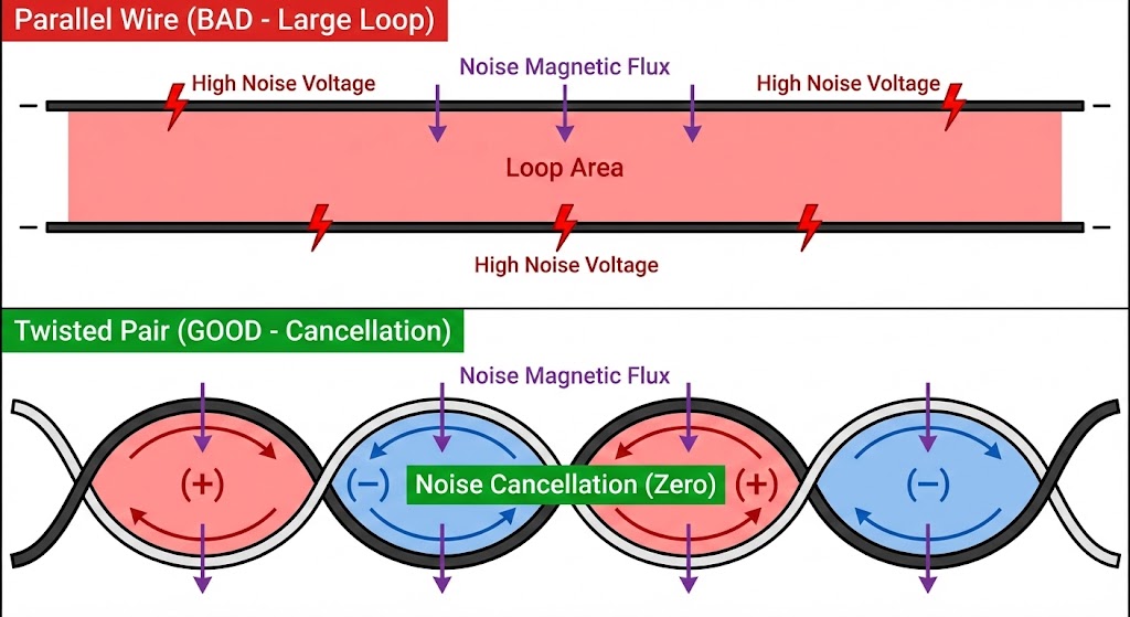 平行線の巨大ループがノイズを拾う様子と、ツイストペア線のねじれによる「磁界相殺効果」でノイズが打ち消されるメカニズムの比較図解