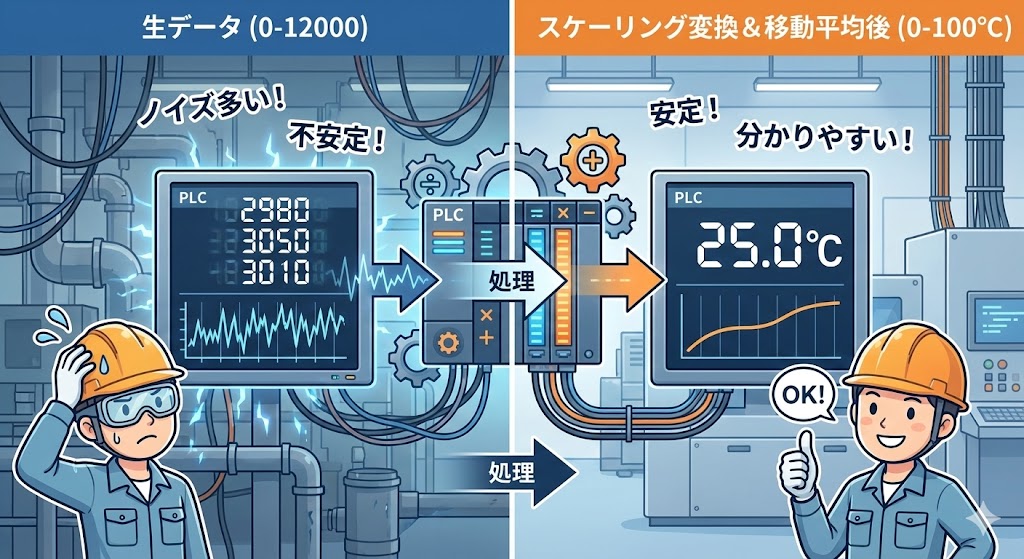 PLCアナログ入力のビフォーアフター比較イラスト。左側はスケーリング前の不安定な生データ（0〜12000）とノイズグラフ、右側はスケーリングと移動平均処理後の安定した温度表示（25.0℃）と滑らかなグラフ。