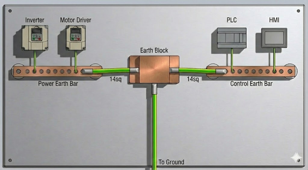 制御盤アースの推奨スター配線図（3D CAD風）。中央の銅ブロック端子から動力用・制御用アースバーへそれぞれ片側のみ14sqケーブルでY字接続され、各機器からは1本ずつアース線が接続されている、リアルな質感の構成図。