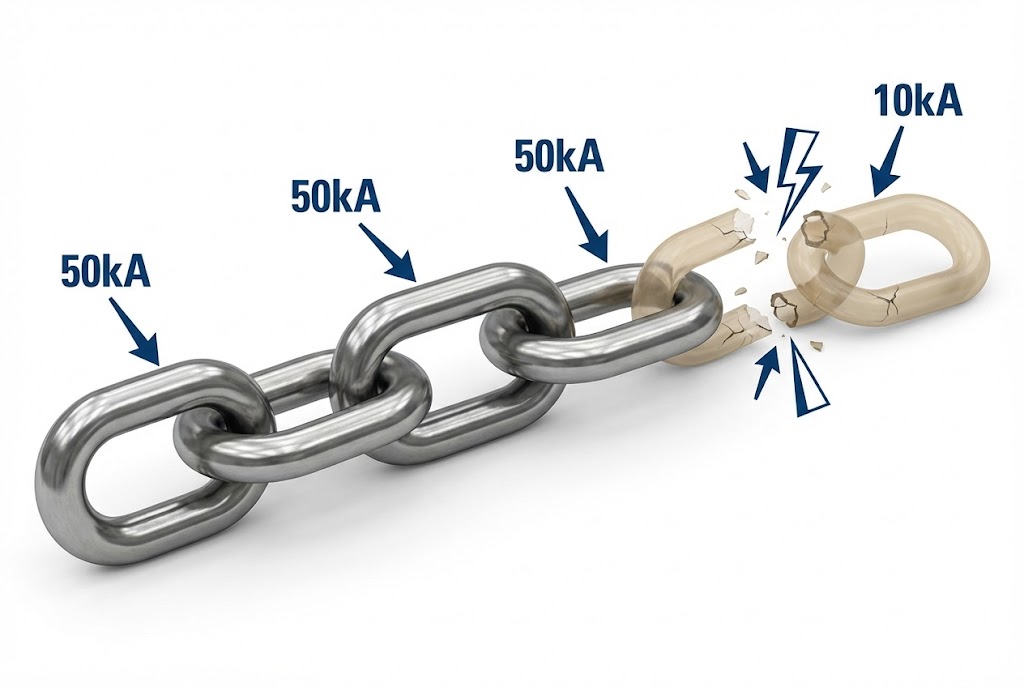 SCCRの鎖の理論の図解。50kAの強固な部品の中に10kAの弱い部品が一つあるだけで、そこが破断点となり盤全体の定格が下がることを示している。