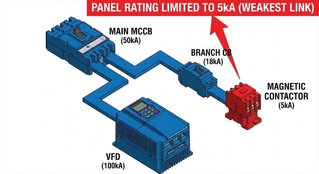 SCCR計算のサンプル図。メインブレーカー(50kA)から、インバータ回路(100kA)とポンプ回路に分岐している。ポンプ回路は分岐ブレーカー(18kA)とマグネット(5kA)で構成されており、マグネットのSCCRが最小値となるため、盤全体の定格が5kAに制限される様子。