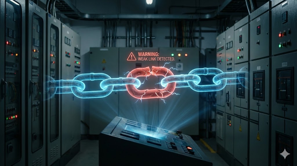 制御盤のSCCRを表すイメージ図。強固な金属の鎖の中で、たった一つの弱いプラスチックの輪が破断しようとしている様子。