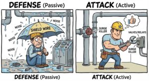 ノイズ対策の概念比較。左側は「シールド線」で、雨漏りする家の中で傘をさしている様子（守り）。右側は「サージキラー」で、雨漏りの元である屋根の穴を塞いでいる様子（攻め）。