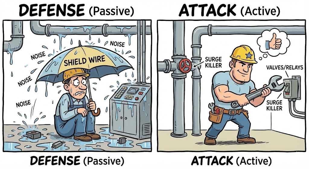 ノイズ対策の概念比較。左側は「シールド線」で、雨漏りする家の中で傘をさしている様子（守り）。右側は「サージキラー」で、雨漏りの元である屋根の穴を塞いでいる様子（攻め）。
