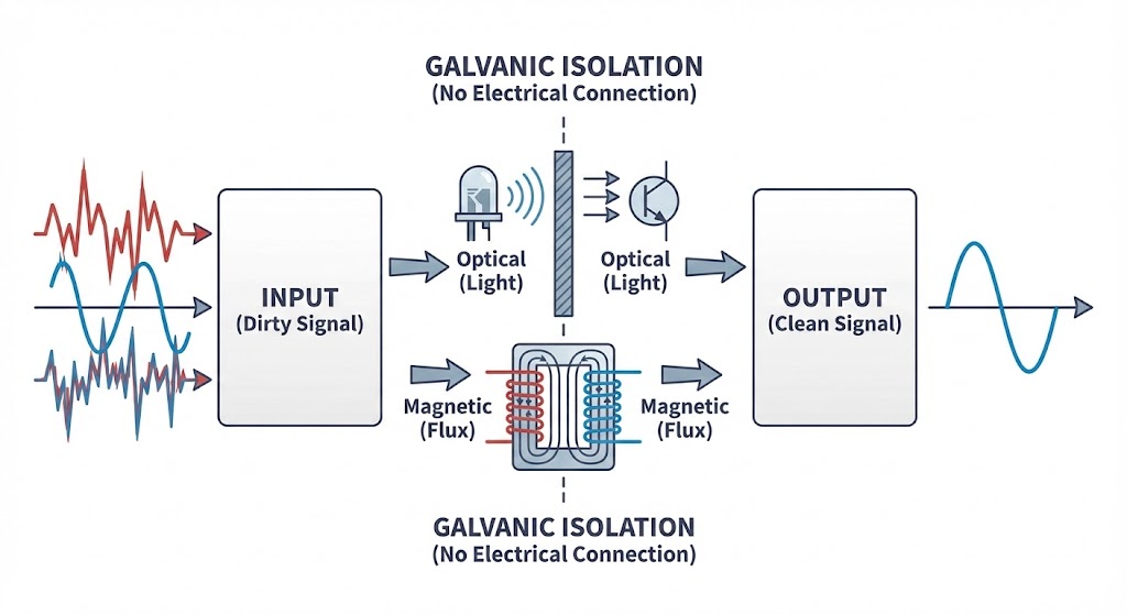 信号アイソレーターの動作原理を示す概念図。ノイズを含んだ入力信号が、光や磁気によるガルバニック絶縁を経て、クリーンな出力信号として再生成される様子。