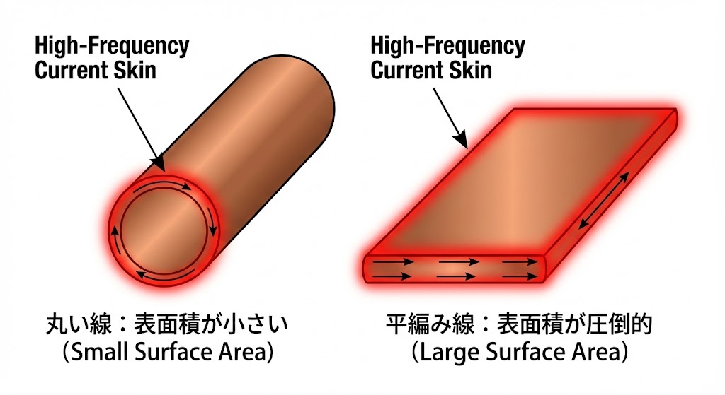 表皮効果の解説図解。高周波ノイズが導体の表面に集中する様子を、丸い線の断面(表面積小)と平たい線の断面(表面積大)で比較。