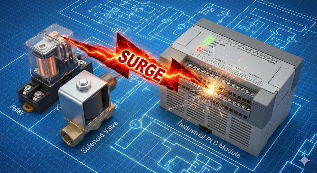 リレーのコイルがOFFになった瞬間、発生した高電圧（サージ）が稲妻となり、隣にある産業用PLCユニットの入力端子を直撃しているイメージ図。