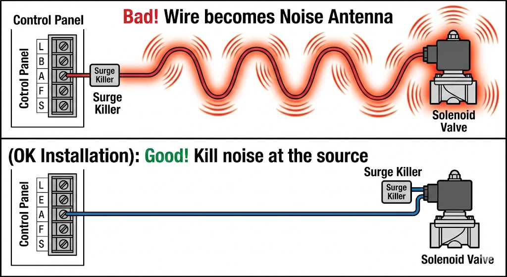 サージキラーの設置場所による比較。NG例はコイルから遠い端子台に設置し、配線が赤く光ってアンテナ化している。OK例はコイルの直近に設置し、配線が静かな青色になっている。