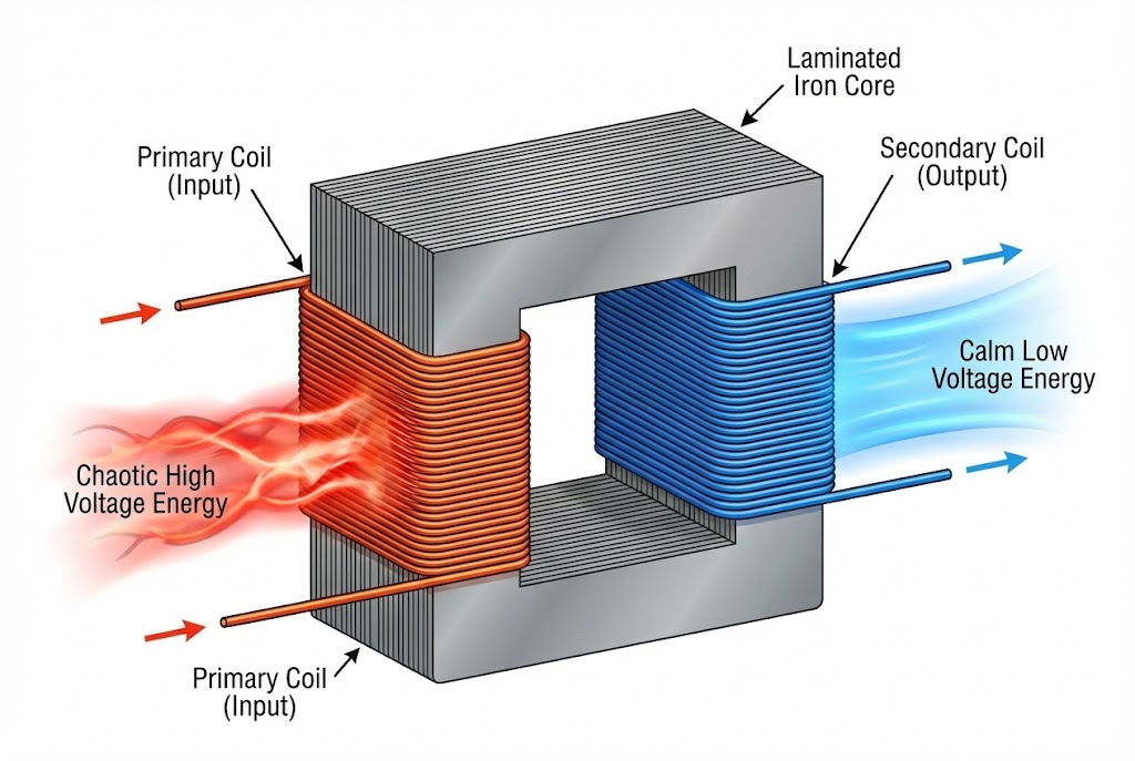 絶縁トランスの構造図解。鉄心（コア）の一次側に巻かれたコイルに大きな電流（赤）が入り、二次側のコイルから制限された電流（青）が出ていく様子。