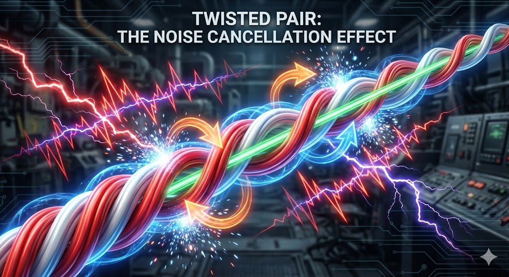 ツイストペアケーブルが、襲いかかる電気ノイズの嵐を「ねじり」による磁界相殺効果で防御し、内部の信号を守っているイメージイラスト。