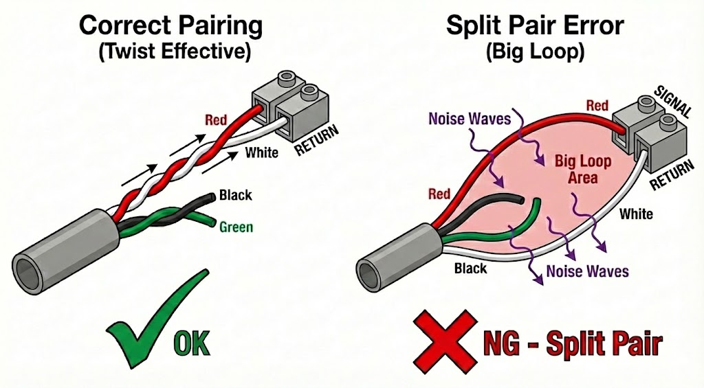 ツイストペア線の端末処理において、ねじりを端子台直前まで維持した正しい例と、ねじりを戻しすぎてノイズを拾うアンテナ化してしまった悪い例の比較図