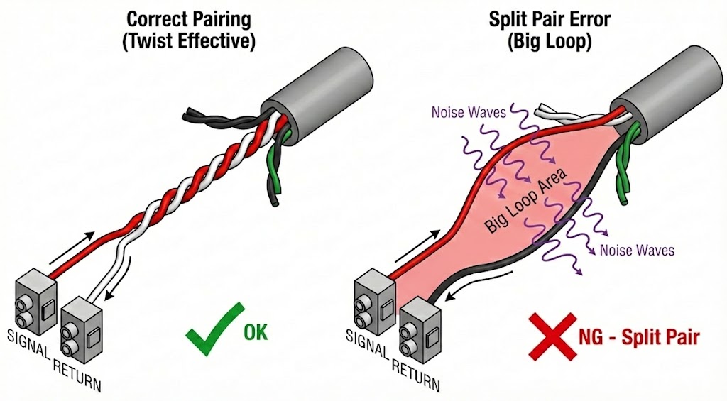 ツイストペアケーブルの配線における「スプリットペア(対交差)」ミスの図解。左側の「Correct Pairing」は、ねじられたペア同士(赤・白)で信号を送るためループができず正常。右側の「Split Pair Error」は、異なるペア(赤・黒)を使って配線したため、ケーブル内部で線が離れてしまい、巨大な「Big Loop Area」が形成され、ノイズ波を激しく拾っている様子を示している。