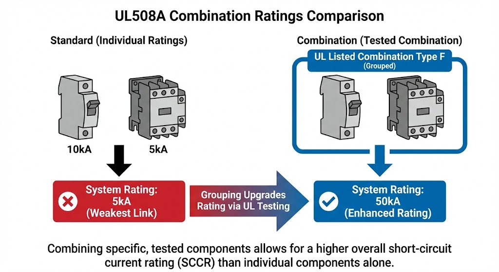 UL508Aコンビネーション認定の仕組み図解。単体では5kAの定格しか出ない部品でも、メーカー認定の組み合わせで使用することで50kAの高定格が得られる様子。