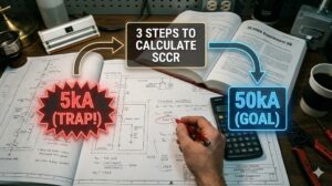 UL508A規格に基づく制御盤のSCCR計算3ステップを解説する記事のアイキャッチ。図面と電卓、規格書が置かれたエンジニアのデスクで、5kAの罠と50kAの目標が対比されている。