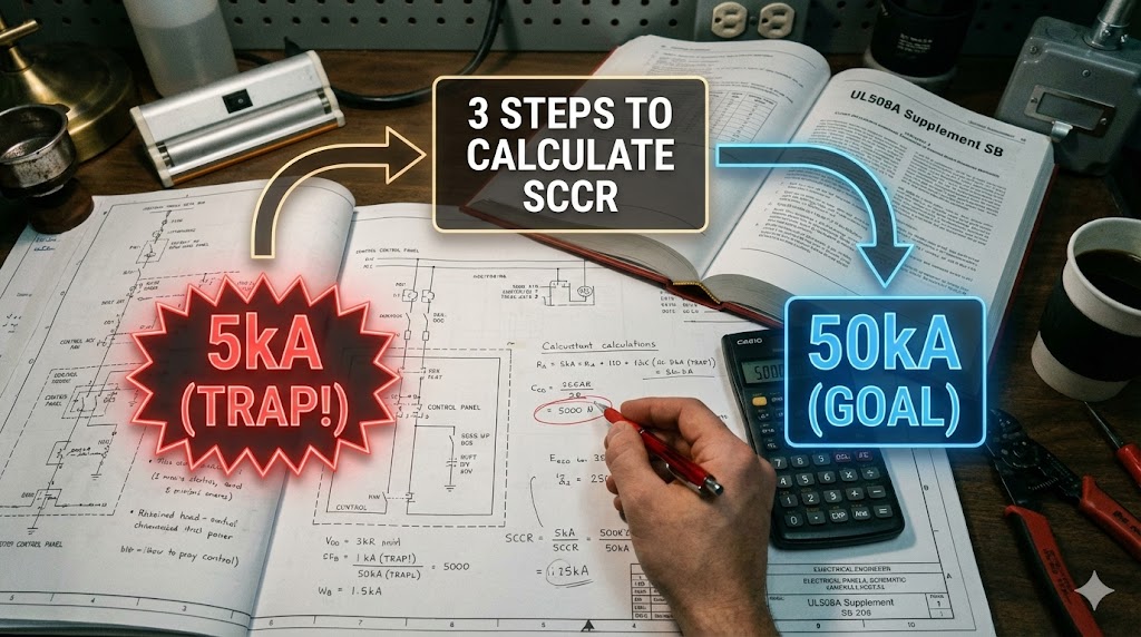 UL508A規格に基づく制御盤のSCCR計算3ステップを解説する記事のアイキャッチ。図面と電卓、規格書が置かれたエンジニアのデスクで、5kAの罠と50kAの目標が対比されている。