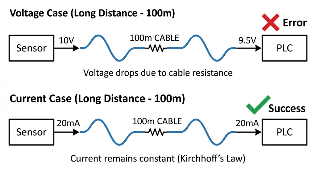 100mのケーブル配線において、電圧信号は抵抗により降下して誤差が出るが、電流信号は減衰せず正確に届くことを示す比較図。
