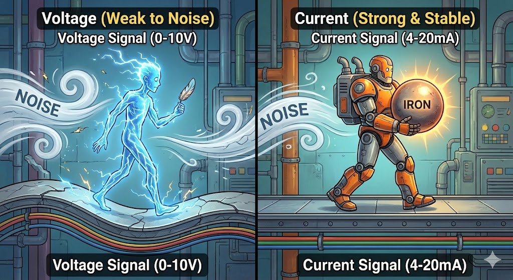 電圧信号（0-10V）と電流信号（4-20mA）のノイズ耐性比較イメージ。電圧はノイズに弱く、電流は安定している様子。