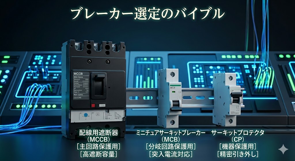 ブレーカー選定のバイブル：MCCB（配線用遮断器）、MCB（ミニチュアサーキットブレーカー）、CP（サーキットプロテクタ）の外観と、それぞれの盤内での役割・強みを比較した図解
