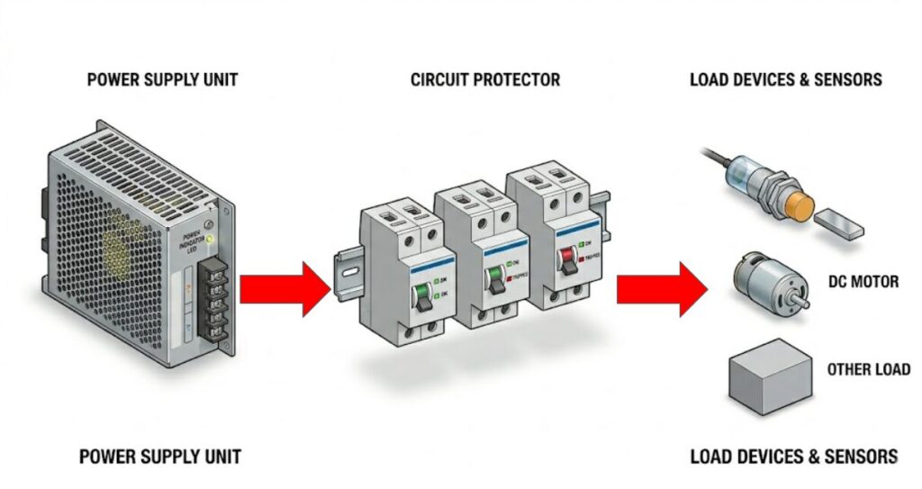 左側のパワーサプライから赤い矢印が伸び、中央の3つのサーキットプロテクタを経由して、右側の負荷機器（センサー、DCモータ、他の負荷）へと電力が供給される様子を示した、産業用機器保護システムの概念図