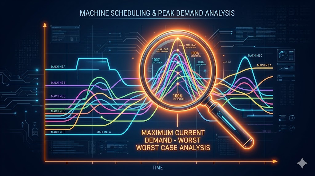 機械の動作タイミング(タイムチャート)を確認し、複数の機器が同時に稼働して電流が最大になる瞬間(ワーストケース)を見つけ出すイメージ