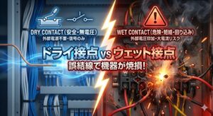 「ドライ接点 vs ウェット接点 誤結線で機器が焼損！」というタイトル文字。左側は安全なドライ接点の回路図、右側は誤配線により激しく火花と煙を上げて焼損する制御盤の端子台が描かれている対比イラスト。