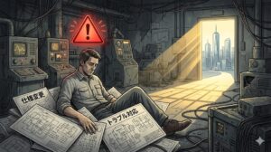 仕様変更とトラブル対応の図面に囲まれ疲弊した電気設計エンジニアが、頭上の赤い警告サインに気づき、明るい都市への出口を見つめているイラスト。