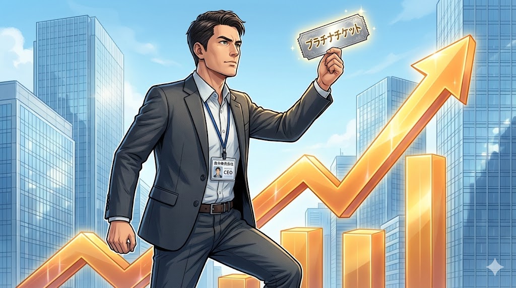「自分株式会社 CEO」のバッジを付けたエンジニアが、金色に輝く「プラチナチケット」を手に、右肩上がりのグラフの階段を笑顔で駆け上がっているイラスト。