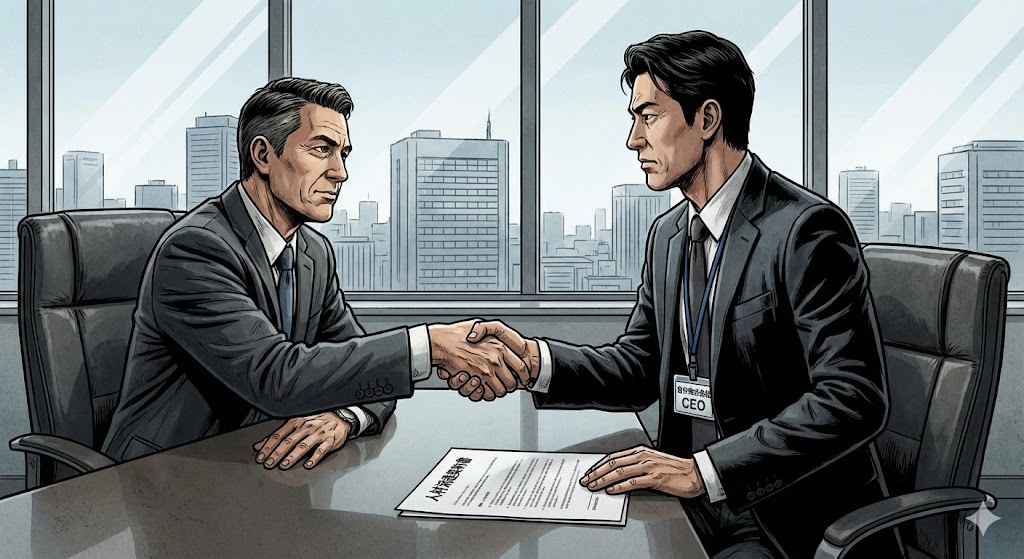 「自分株式会社のCEO」として、派遣先企業の担当者と対等な立場で握手を交わし、人材派遣契約を結んでいるスーツ姿の男性のイラスト。