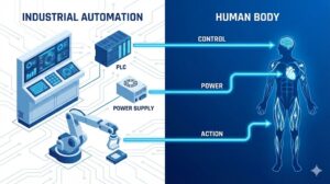 制御盤の仕組みを人間の体に例えたイラスト。PLCは脳、電源は心臓、モーターは手足として対比。