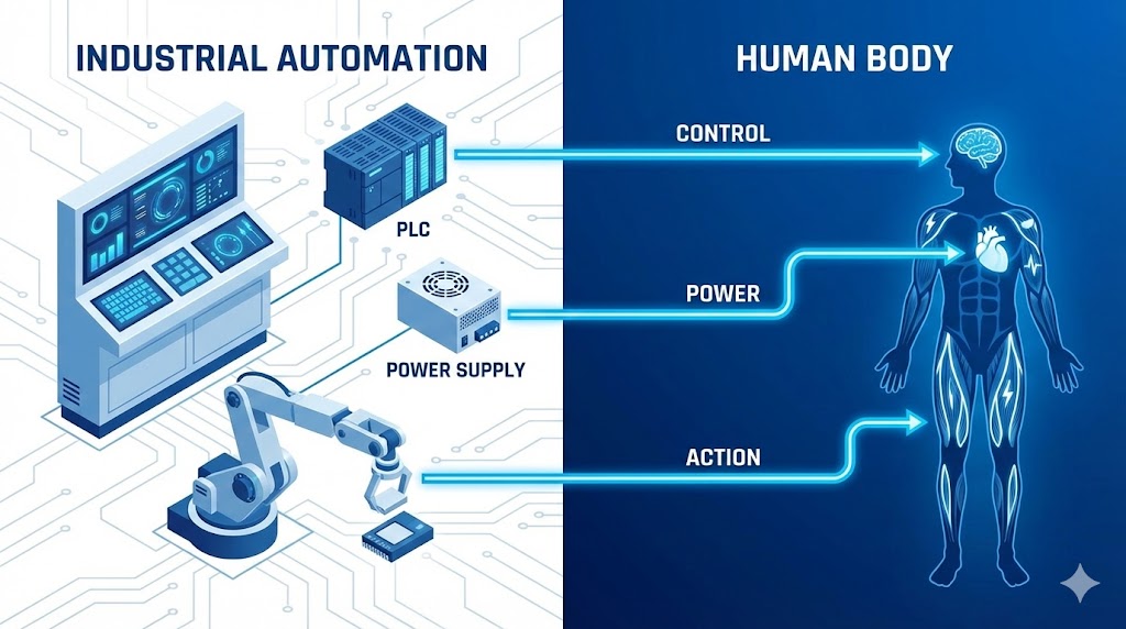 制御盤の仕組みを人間の体に例えたイラスト。PLCは脳、電源は心臓、モーターは手足として対比。