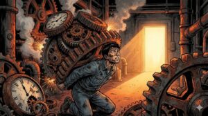 巨大な歯車と残業を示す時計の重圧に押し潰されそうになりながら、限界を迎えた若手FAエンジニアが、遠くで光る出口（脱出への道）を必死に見つめているイラスト。