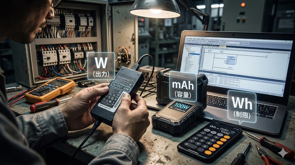 薄暗い現場で、ノートPCの純正ACアダプタの裏面ラベルを確認するFAエンジニアの手元。隣には高性能モバイルバッテリーと、mAhからWhへの換算式が表示されたスマートフォンが置かれている。バッテリー選びの3つの鉄則（W数、容量mAh、電力量Wh）を視覚化。
