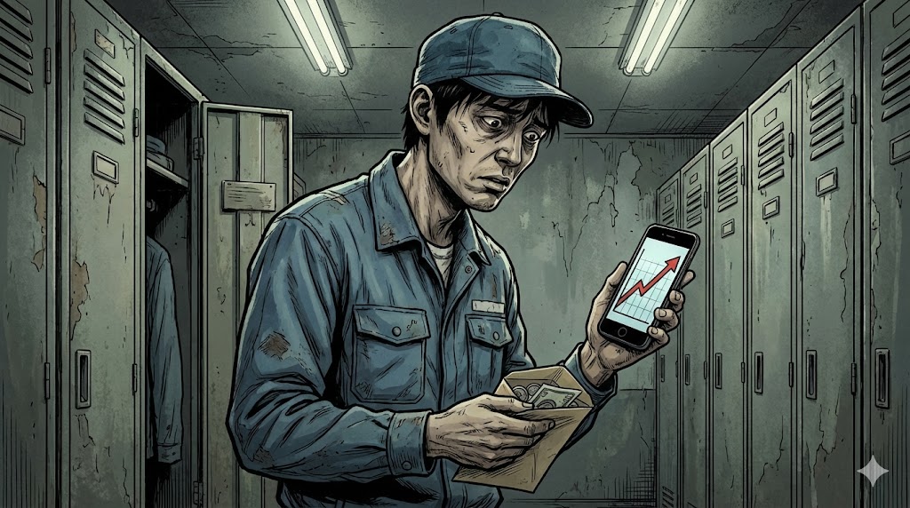 薄暗い工場の更衣室で、薄い給料袋と物価高騰を示すスマートフォンのグラフを見比べ、経済的なストレスと絶望感に苛まれる若手FAエンジニアのイラスト。