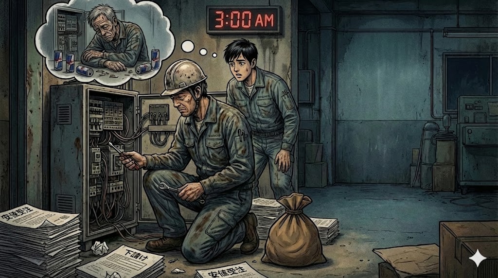 深夜3時の薄暗い工場で、泥だらけになりながら制御盤を修理するベテランエンジニア。「安値受注」や「下請け」の書類、空の金袋が散乱する過酷な現場で、その背中を見つめる若手エンジニアが、燃え尽きた自分の将来の姿を想像して絶望しているイラスト。