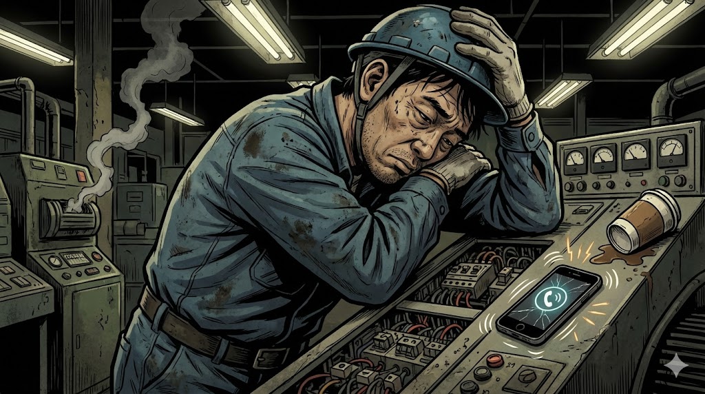 薄暗い工場で、過労により制御盤の前で倒れ込むように頭を抱える若手FAエンジニアと、その傍らで無情にも鳴り響くスマートフォンの着信を描いたイラスト。