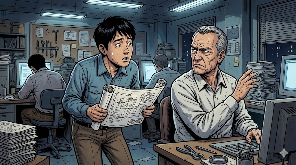 心理的安全性が皆無の現場事務所で、図面について質問しようとする若手エンジニアに対し、先輩エンジニアが冷たく突き放すような視線を送り、周囲も見て見ぬふりをしているイラスト。