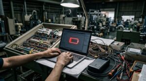 薄暗い制御盤の前で、バッテリー残量わずかのノートPCと、隣に置かれた高性能モバイルバッテリー。現場での電源喪失の危機と解決策を表現。