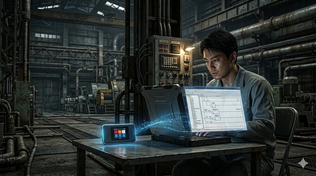 工場の奥深くで、複雑なラダー図を表示したノートPCの横に置かれたクラウドSIM対応ポケットWi-Fiルーター。ルーターからPCへデータが流れ、エンジニアがデバッグ作業に集中している。