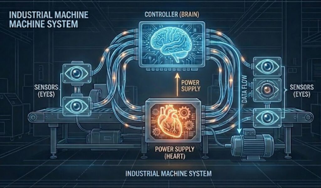 電気制御システムと人体機能の比較図。センサーは目、電線は神経、PLCは脳の役割を示す。