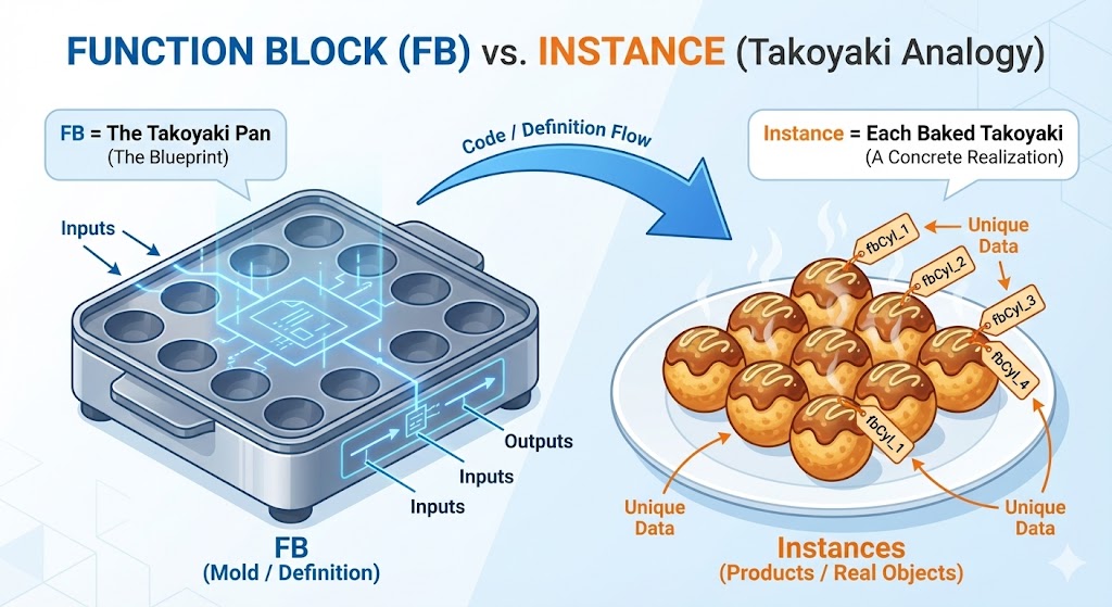FB(ファンクションブロック)を「たこ焼き器の金型」、インスタンスをそこから量産された「たこ焼きの実物」に例えた解説図。一つの定義から複数の実体が作られる様子をイラスト化。