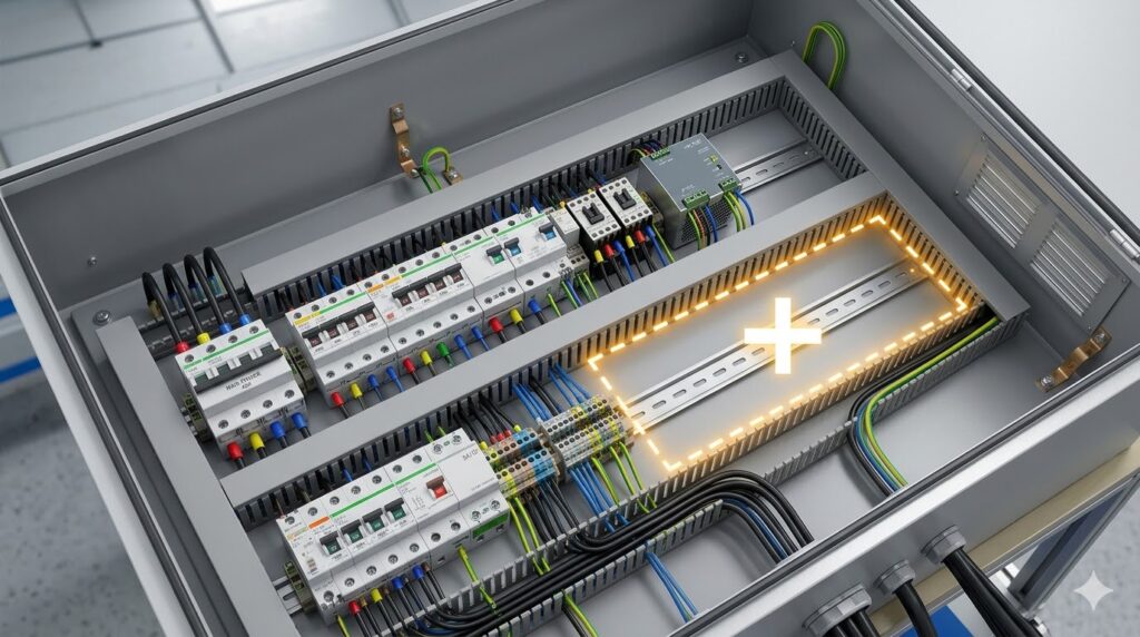 制御盤内に将来の機器追加を見越した予備スペース(増設マージン)を計画的に設けている電気設計のイメージ