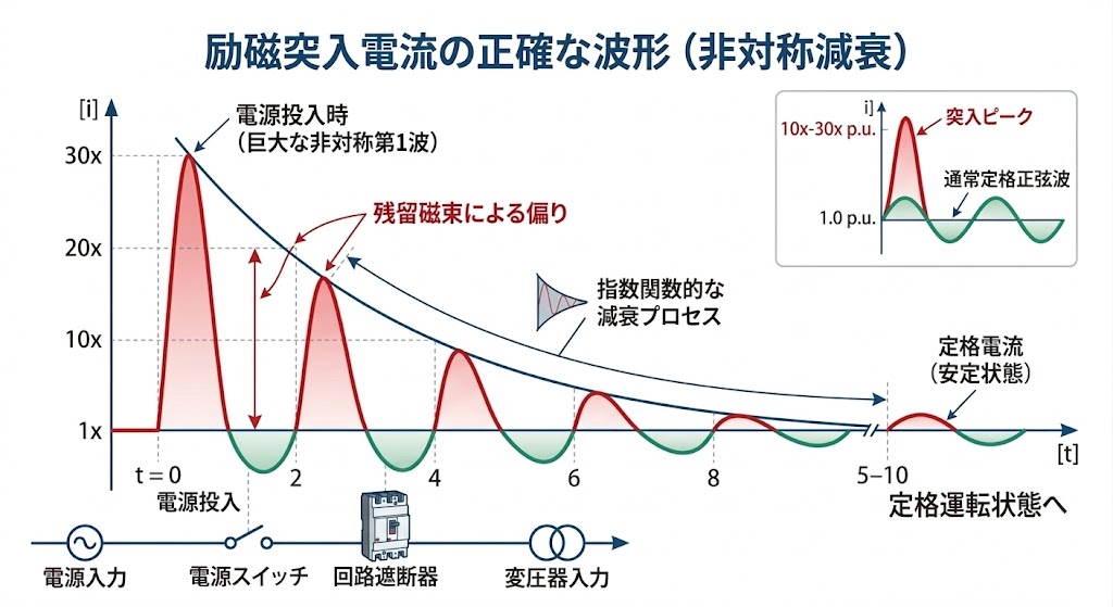 励磁突入電流の非対称な減衰波形と定格電流の比較図