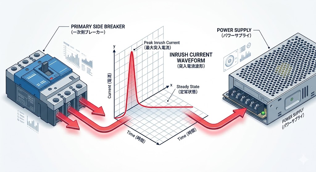 一次側ブレーカーからスイッチング電源へ流れ込む、鋭いパルス状の突入電流波形とその経路を示した概念図