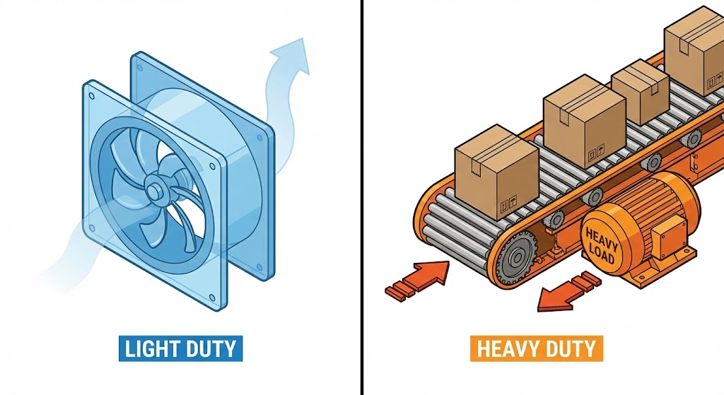 インバータのND定格（軽負荷・ファン）とHD定格（重負荷・コンベア）の負荷イメージ比較図。
