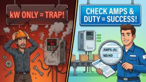 インバータ選定の成功と失敗を対比させたコンセプトイラスト。左側は「kW」だけを見て失敗し頭を抱える様子、右側は「電流(A)」と「ND/HD」を確認して成功し自信に満ちた様子を描いている。