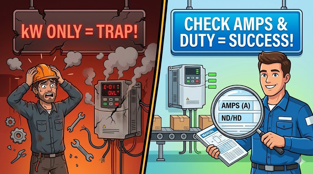 インバータ選定の成功と失敗を対比させたコンセプトイラスト。左側は「kW」だけを見て失敗し頭を抱える様子、右側は「電流(A)」と「ND/HD」を確認して成功し自信に満ちた様子を描いている。