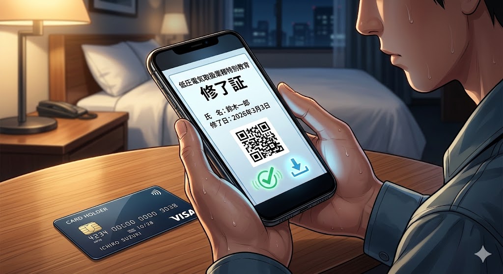 出張先のホテルの部屋で、スマホとクレジットカードを使い低圧電気取扱特別教育のWeb修了証を即日発行した様子