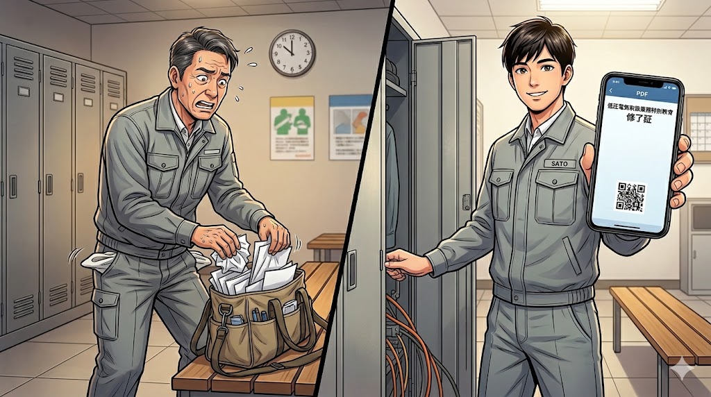 更衣室で焦って修了証カードを探す先輩と、スマホのPDF修了証を手に余裕の笑顔を見せる新人エンジニア